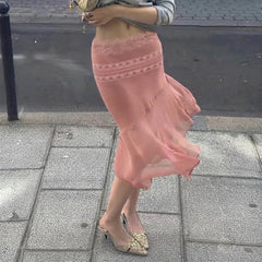 Pink Lace Trim Mesh Hem Midi Skirt