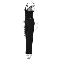 Black Mesh Camisole Top and Low-Rise Flared Pants Set