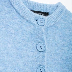 A stylish blue cardigan with a classic button-down front and a comfortable fit.