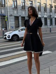 Black V-neck Lace Trim Flare Mini Dress