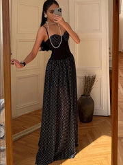 Black Polka Dot Patchwork Maxi Dress With Scarf