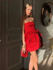 Strapless 3D Big Flower Open Shoulder Solid Red Mini Dress