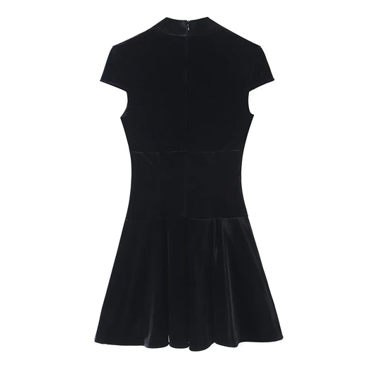 Black Velvet Cap Sleeve Deep V-Neck Mini Dress