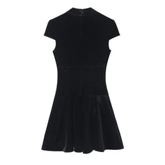 Black Velvet Cap Sleeve Deep V-Neck Mini Dress
