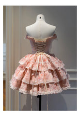 Pink Lace Up Strapless Bow Pearl Desgin Tiered Mini Dress