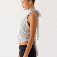 Silver Sequin Open Back Tie Up Top