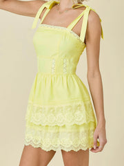Lace Eyelet Layered Tie Up Mini Dress