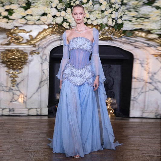 Cape Sleeve Chiffon Tiered Petals Sequined Pearl Embellished Gown