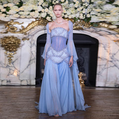 Cape Sleeve Chiffon Tiered Petals Sequined Pearl Embellished Gown