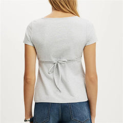 Solid V-Neck Short Sleeve Back Tie Up Top