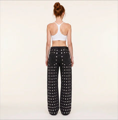 Rivet Decoration Straight High-Waisted Denim Jeans