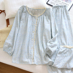 Cotton O-neck Long-sleeved Printed Button Shirt And Pants Pajama Set