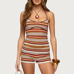 Stripe Halter Tie Up Crop Top And Shorts Two Piece Set