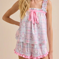 Floral Ruffle Trim Cami Top And Shorts Pajama Set