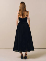 Black Strap Ruffles Tulle Midi Slit Dress