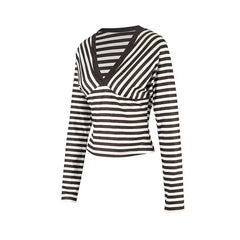 Brown Striped V-Neck Long Sleeve T-Shirt