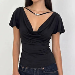 Black Draped Neckline T-Shirt