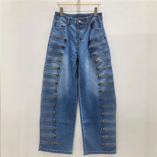 Multi Button Detaling Wide Leg Denim Jeans