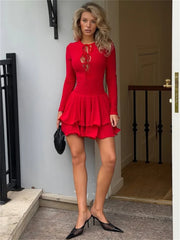 Long Sleeve Ruffle Hem Lace Up Mini Dress