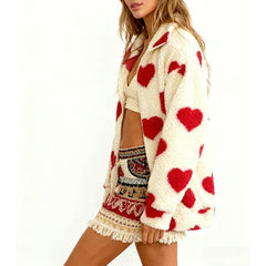 Heart Print Fuzzy Fleece Zip Up Jacket