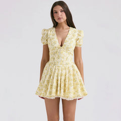 Yellow Deep Neck Puff Sleeve Mini Dress