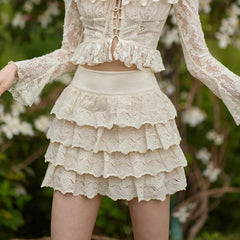 Layered Ruffles Eyelet Mini Skirt