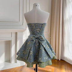Blue Floral Folds Strapless Mini Dress