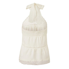 Yellow Tie Neck Lace Trim Top