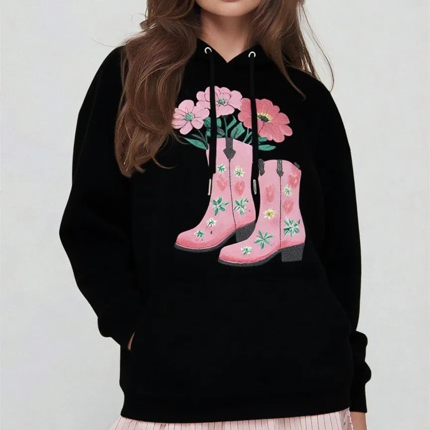 Black hoodie with pink floral boots design 