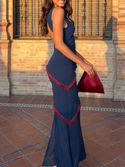 Blue Open Back Mesh Sleeveless Maxi Dress