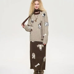 Brown Knit Cute Dog Jacquard Print Midi Skirt