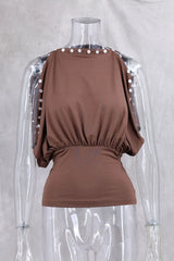 Brown Button Up Off-Shoulder Top