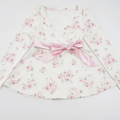 White Babydoll Pink Ribbon Floral Print Long Sleeve Top