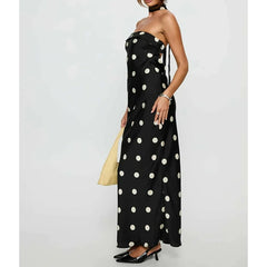 Strapless Dot Print Maxi A-line Dress with Scarf