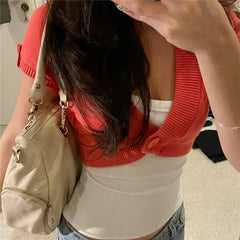 Orange V-Neck Single Button Cropped Knit Top