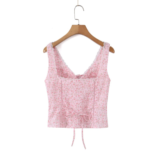 Pink Floral V-neck Tie Up Crop Top