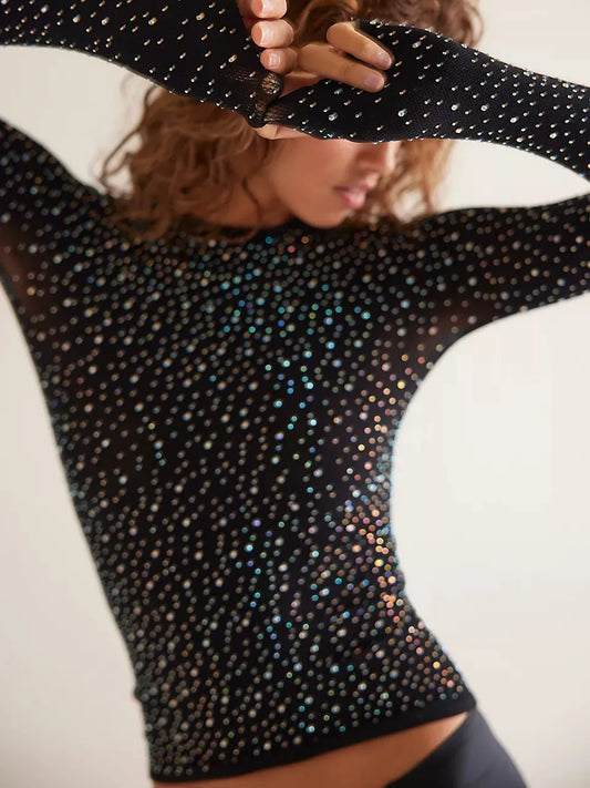 Long Sleeve Sequined Mesh Top