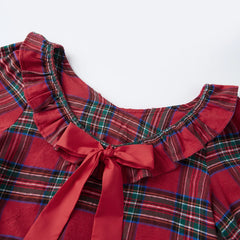 Red Tartan Plaid Ruffle Bow Puff Sleeve Top And Long Pants Pajama Set