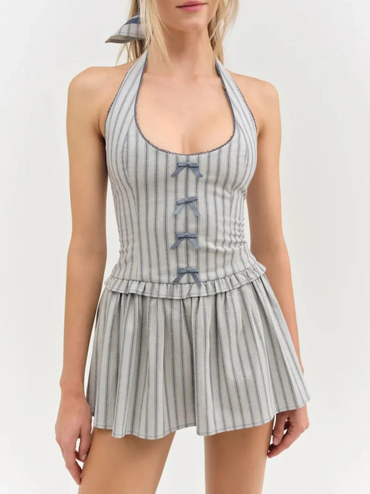 Grey Striped Halter Neck Patchwork Bow Mini Dress