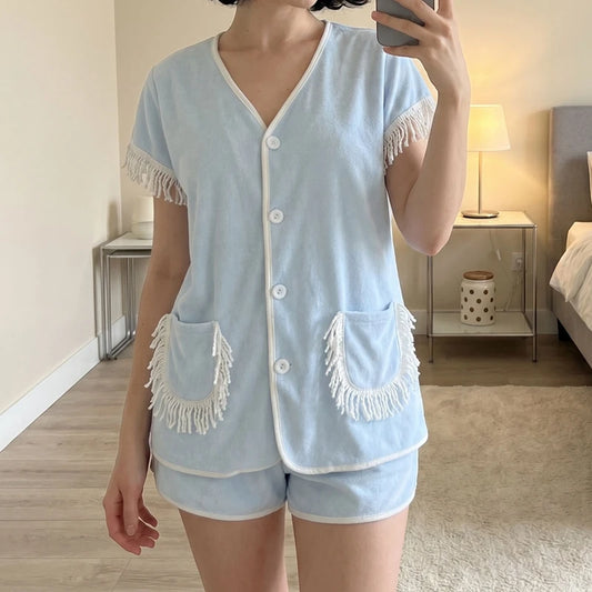 Button‑Down Short Sleeve Tassel Fringe Pocket Top And  Shorts Loungewear Set