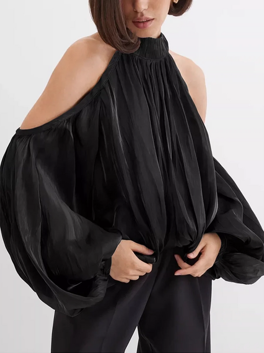 Stand Collar  Off The Shoulder Cut Ribion Blouse