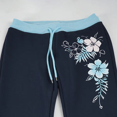 Blue Low Waist Floral Print Flare Leg Drawstring Sweatpants