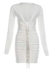 See Through Low-Neck Full Sleeve Tassel Decoration Mini Dress