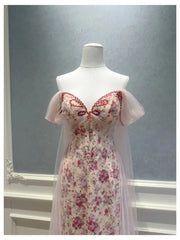 Pink Floral Off-the-Shoulder Mesh Drape Midi Dress