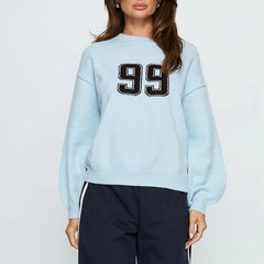 Number Print Round Neck Pullover