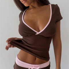 Solid V Neck Short Sleeve Top