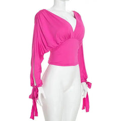 V-Neck Slit Tied-up Long Sleeve Waist Cinched Top