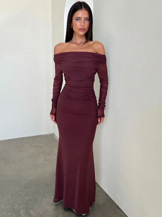 Boat Neck Mesh Long Sleeve Bodycon Maxi Dress