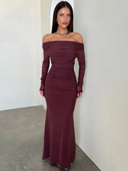Boat Neck Mesh Long Sleeve Bodycon Maxi Dress