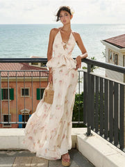 Ruffles Flower Print Halter Backless Top And Long Skirt Set